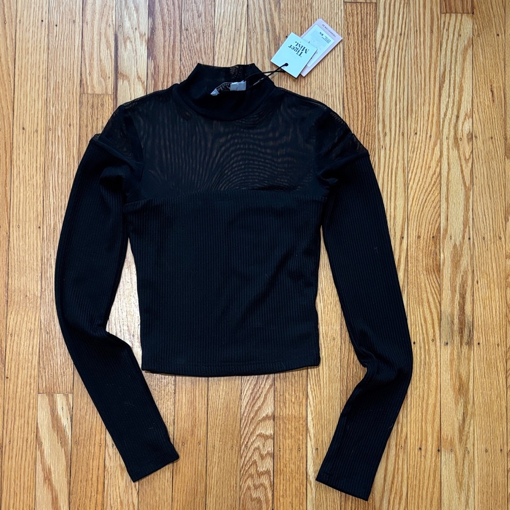 Cropped Black Sheer Panel Long Sleeve Top